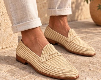 Wedding Raffia Shoes for Men, Groom Loafers, Boho Rustic Groomsmen Gift, Handmade Natural Woven Moccasins, Vegan Wedding Footwear