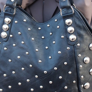 dot Studded leather tote bag, Studded leather handbag, Moroccan studded Black leather bag, gothic rivets Leather Bag, Polka dot Studded bag
