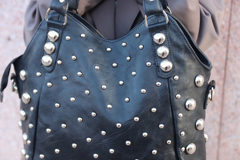 dot Studded leather tote bag, Studded leather handbag, Moroccan studded Black leather bag, gothic rivets Leather Bag, Polka dot Studded bag