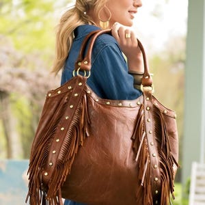 Fringe western purse, Leather Fringe purse, Fringed tote bag, Boho fringe leather purse, dot studded leather bag, studded fringe leather bag