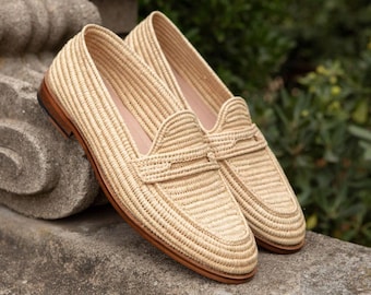 Wedding Raffia Shoes for Men – Unique Groom Footwear, Handmade Natural Woven Loafers, Handcrafted Raffia Wedding Shoes for Grooms