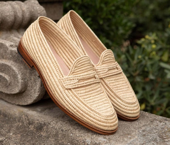 Wedding Raffia Shoes for Men – Unique Groom Footwear, Handmade Natural Woven Loafers, Handcrafted Raffia Wedding Shoes for Grooms
