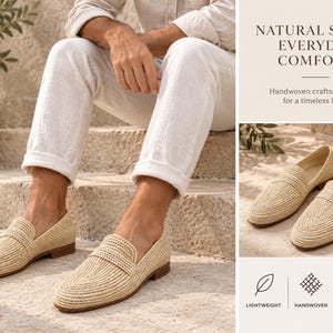 May include: Beige handwoven loafers with a textured straw-like finish, a rounded toe, and a low heel. The image includes text stating: NATURAL STYLE. EVERYDAY COMFORT. Handwoven craftsmanship for a timeless look. Icons indicate lightweight, handwoven, and all-day comfort features.