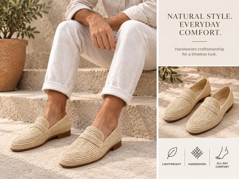 May include: Beige handwoven loafers with a textured straw-like finish, a rounded toe, and a low heel. The image includes text stating: NATURAL STYLE. EVERYDAY COMFORT. Handwoven craftsmanship for a timeless look. Icons indicate lightweight, handwoven, and all-day comfort features.