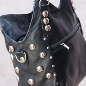 Boho studded westren bag, Studded Leather bag, dot Studded tote bag, Studded leather handbag, Black leather studded bag, boho westren style