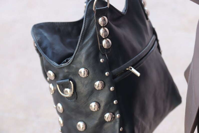 Boho studded westren bag, Studded Leather bag, dot Studded tote bag, Studded leather handbag, Black leather studded bag, boho westren style