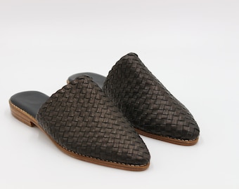 womens Braided Leather Mules,  Handmade Moroccan Babouche for women, woven leather babouche for women, wedding leather mules for Bridal