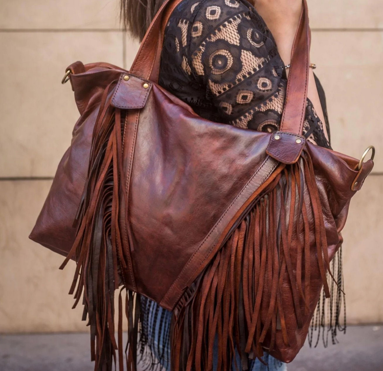 Brown Vegan Leather Vintage Fringe Bag Tassels Crossbody Bucket