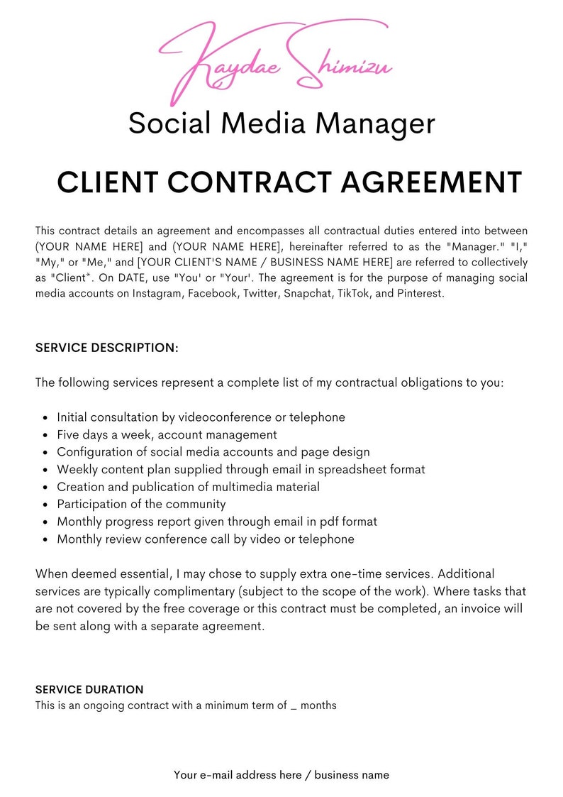 Freelance Social Media Manager Contract Template Freelance Etsy Australia