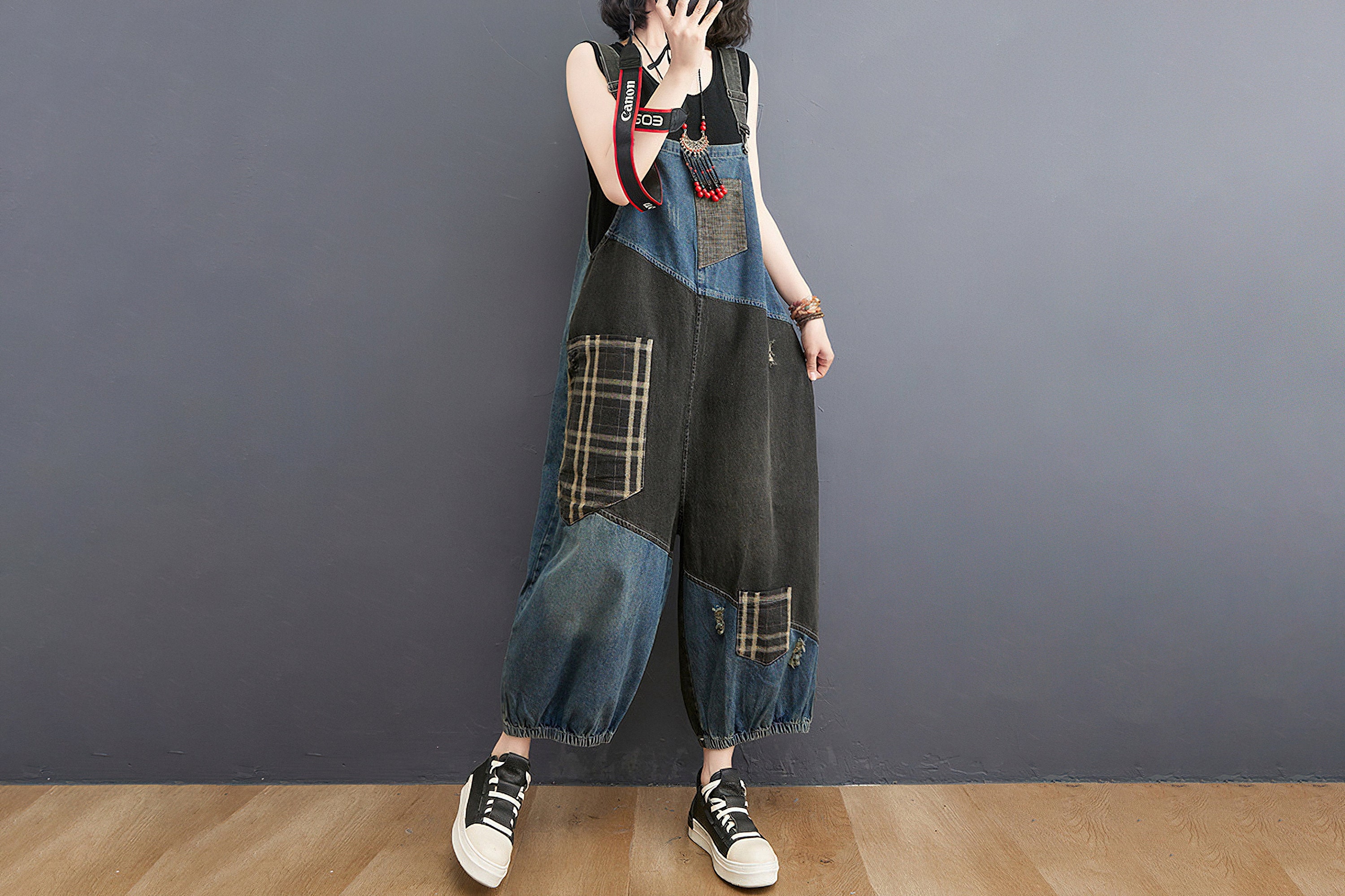Plaid Ripped Denim Overalls Harem Jumpsuit Large Size Etsy Australia