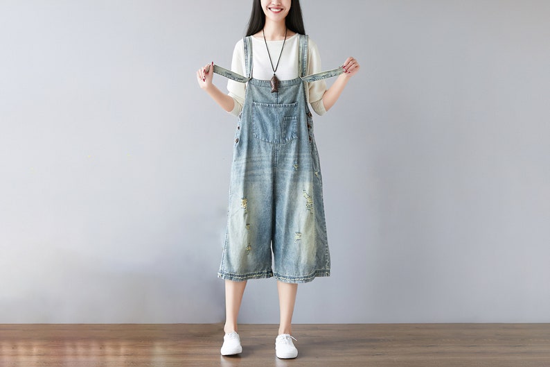 Washed Retro Short Overall Ripped Denim Overalls Wide Leg Etsy