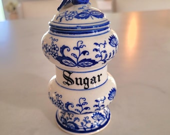 Vintage Blue Onion Sugar Canister with Lid, Blue and White Porcelain Sugar Bowl, Cottagecore Kitchen Decor, Retro Ceramic Sugar Jar