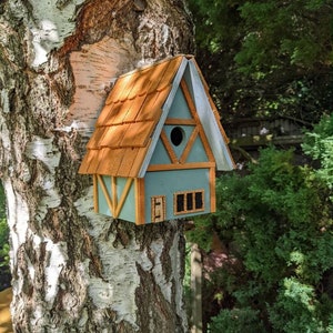 Quirky cottage bird house bird box handmade wooden fairy gift garden unusual cute grandparents, parents nature