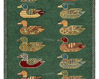 Handmade Wool Duck Rug, Green Area Rug, Handmade Oushak Animal Carpet, Custom Size Rug, Unique Boho Home Decor