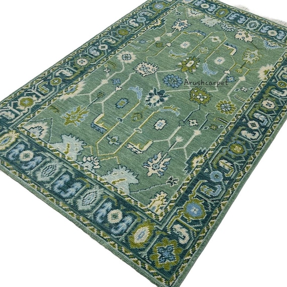 High quality and design oushak rug in bluish green and greenish blue with green accent oushak rug for living room and home decor rug.