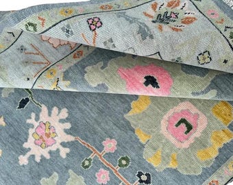 Dark Gray and light gray with pink accent floral design oushak hand knotted wool rug for living room and home decor in 8x10,9x12 sizes.