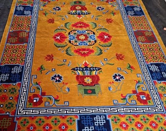 High quality and design Tibetan rug in Golden and Red  with Blue accent nepali rug for living room and home decor rug.