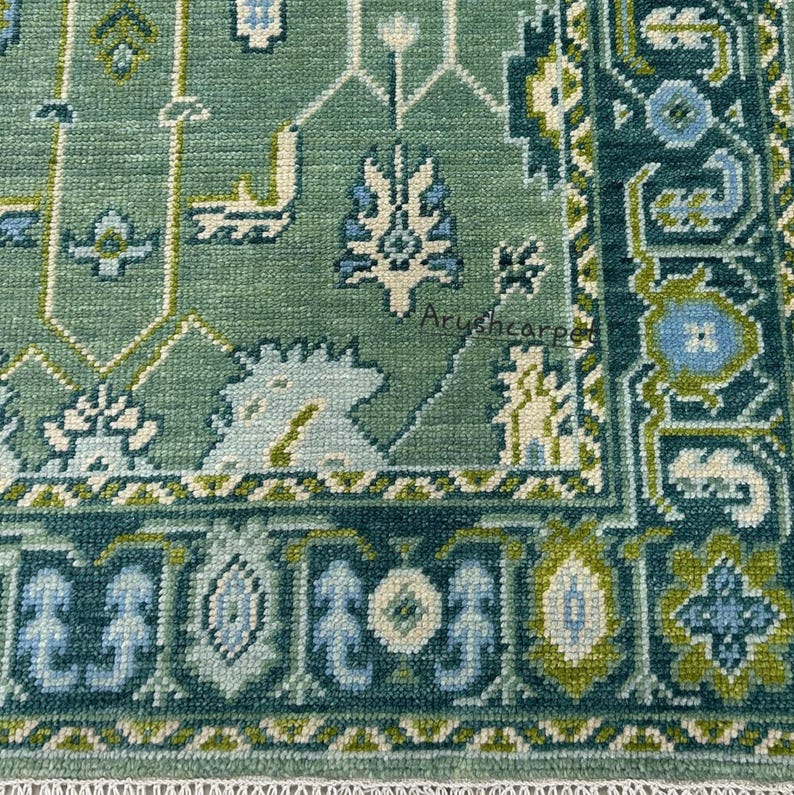 May include: A green rug with a geometric pattern in shades of blue, green, and white. The rug has a fringe border.
