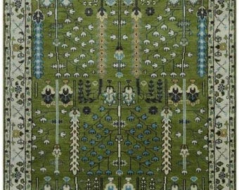 Dark green background and cream with blue accent oushak hand knotted wool rug for living room and home decor in 8x10,9x12 sizes.