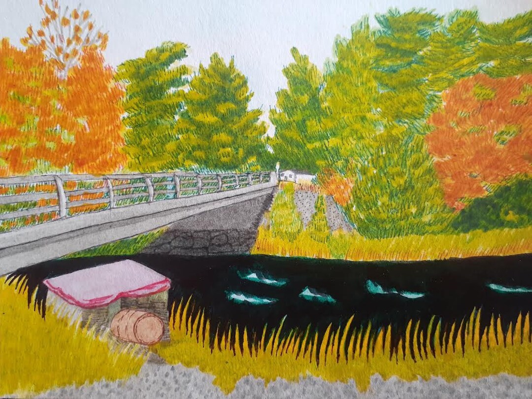 Original Ink Art, Landscape Painting, Painting of a Bridge Over a River