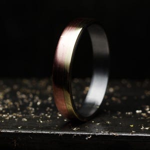 Puede incluir: Primer plano de un anillo con una banda metálica y una capa exterior contrastante. La capa exterior tiene un tono marrón rojizo, mientras que la banda parece plateada. El anillo está sobre un fondo oscuro.