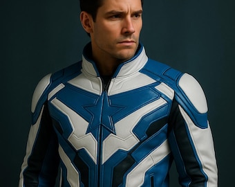 Futuristic White Leather Biker Jacket: inspired by Captain America Style, Blue & White Genuine Leather Jacket, Cyberpunk Jacket