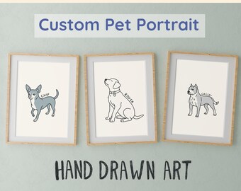 Op de afbeelding: Drie ingelijste, op maat gemaakte huisdierportretten. Elk portret toont een ander hondenras in een minimalistische stijl. De tekst "Custom Pet Portrait" staat boven de ingelijste kunst en "Hand Drawn Art" eronder. De hondenrassen zijn een Chihuahua, een Labrador en een Pitbull.