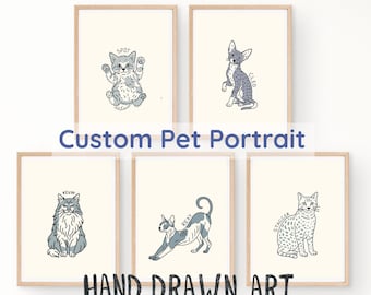 Op de afbeelding: Vijf ingelijste kattenportretten met handgetekende illustraties. Elk portret toont een ander kattenras in grijstinten en wit, met namen als Spot, Cleo, Kevin, Rexy en Stagger. De tekst "Custom Pet Portrait" en "Hand Drawn Art" wordt ook weergegeven.