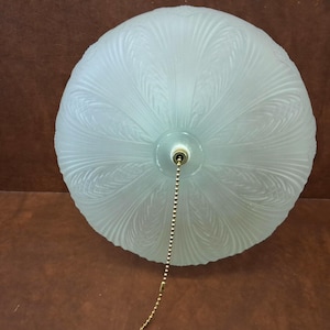 May include: A frosted glass ceiling light fixture with a leaf pattern. The light fixture is round and has a brass chain pull. The light is a pale blue color.