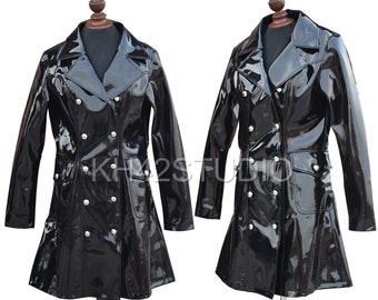 Women PVC Shinny Coat Black Ladies Gothic Trench Coat Silver Button