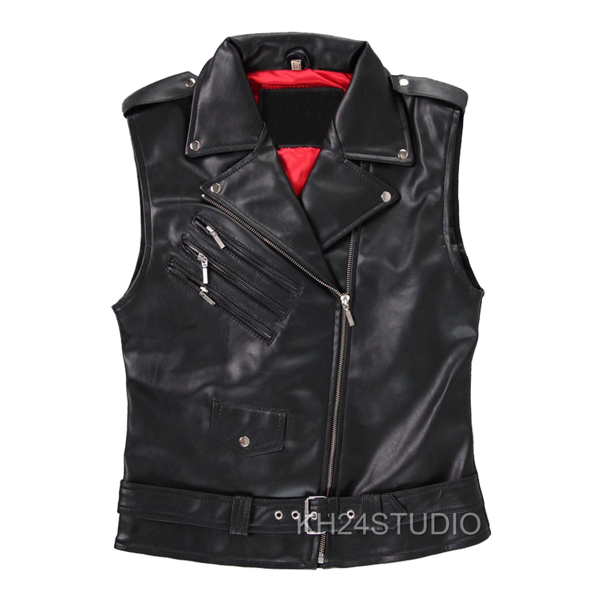 Men Motorcycle Vest Brando Steampunk Leather Vest Punk Rock Slim Fit