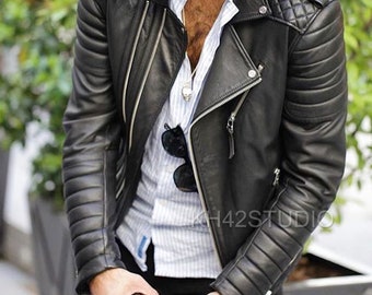 Mens Biker Leather Jacket Black Fashion Motorcycle Jacket Slim Fit Genuine Leather Jacket