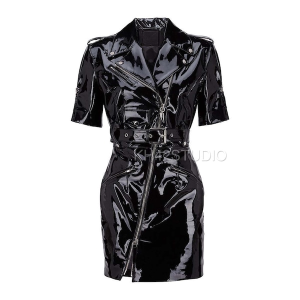 Manteau en vinyle PVC pour femmes, robe à manches courtes, robe de soirée gothique brillante