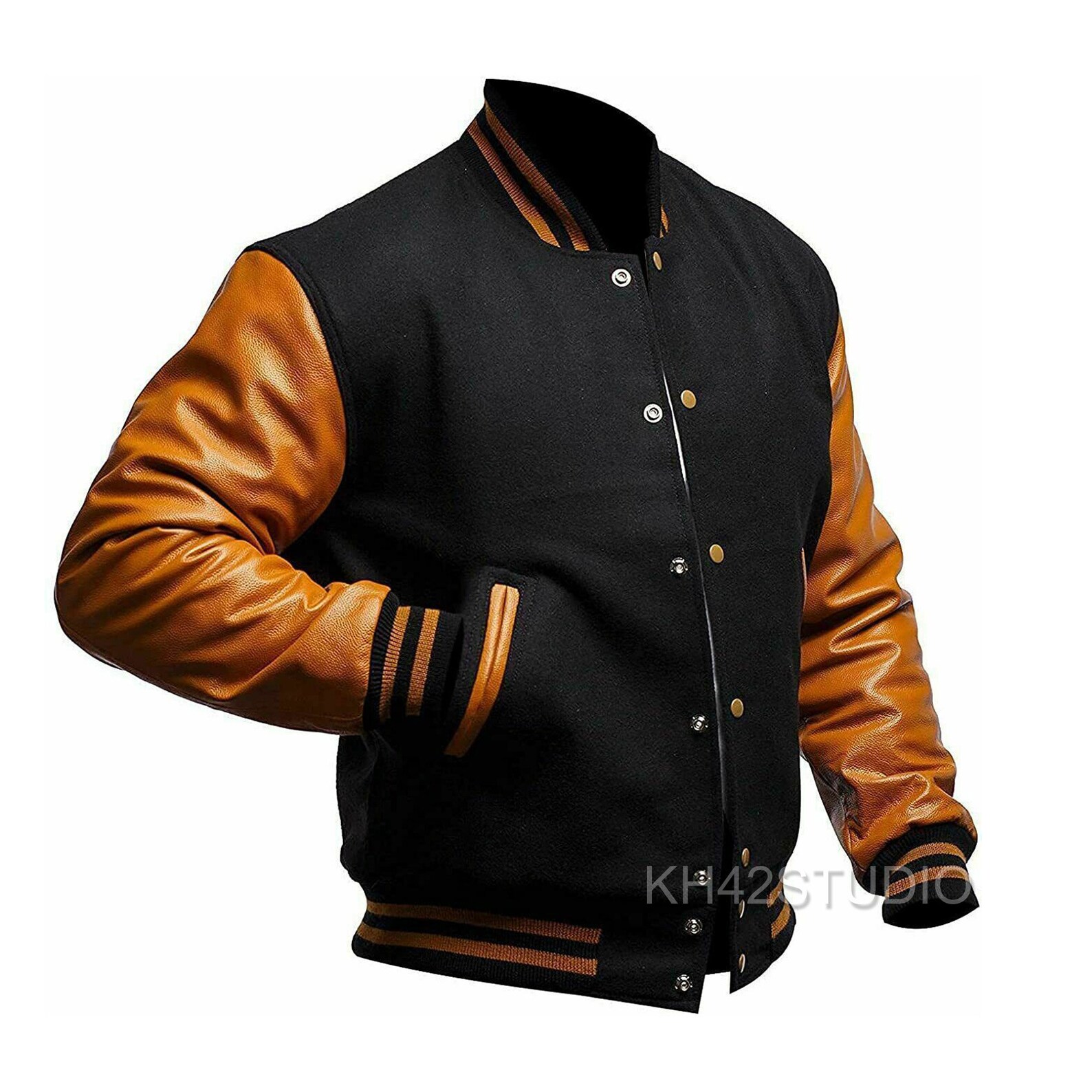 Black Bomber Style Leather Varsity Jacket