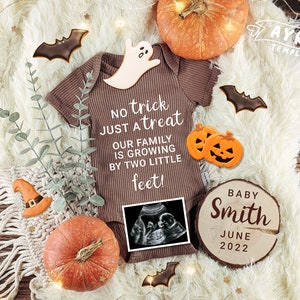 Halloween Pregnancy Announcement for Social Media, No trick just a treat our Family is growing by two little feet, Autumn Editable template