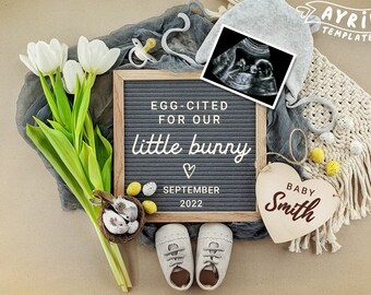 May include: A gray letter board with the text "Egg-cited for our little bunny" and the date "September 2022". There are also baby shoes, a heart-shaped wooden sign with the text "Baby Smith", a small nest with eggs, and a white hat with an ultrasound image.