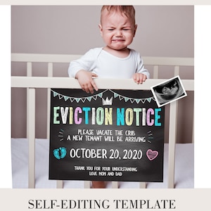 Editable Eviction Notice Baby Pregnancy Announcement for Sibling, Second baby, crib eviction notice, digital chalkboard announcement