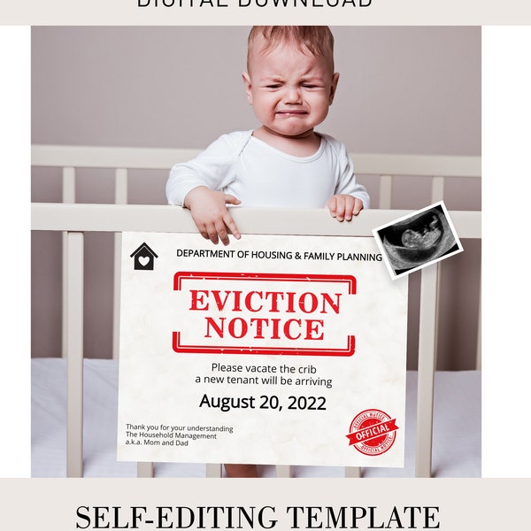 Editable Eviction Notice Baby Pregnancy Announcement for Sibling, Second baby, crib eviction notice, digital announcement