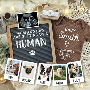 Dog Pregnancy Announcement for Social Media, Pet Pregnancy announcement 5 dogs, Mom & Dad are getting us a Human, Custom Announcement