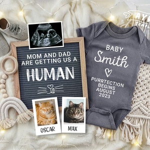 Cat Pregnancy Announcement for Social Media, Pet Pregnancy announcement 2 cats, Mum & Dad are getting us a Human, Grey Boho Neutral