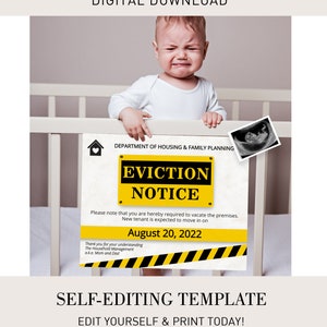 Aviso de desalojo editable Anuncio de embarazo de bebé para hermano, segundo bebé, aviso de desalojo de cuna, anuncio digital