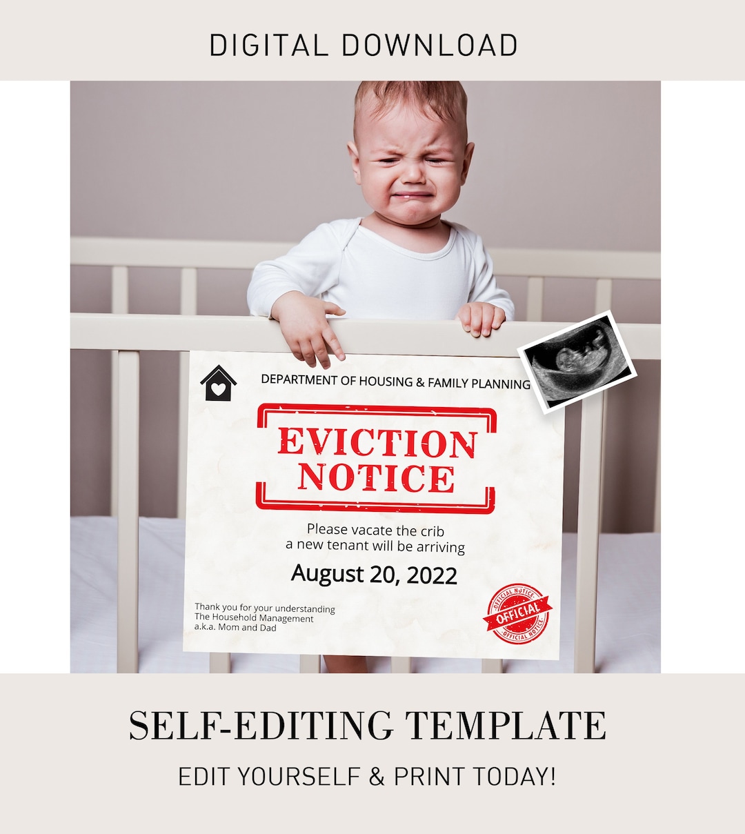 Editable Eviction Notice Baby Pregnancy Announcement for Sibling, Second  Baby, Crib Eviction Notice, Digital Announcement 