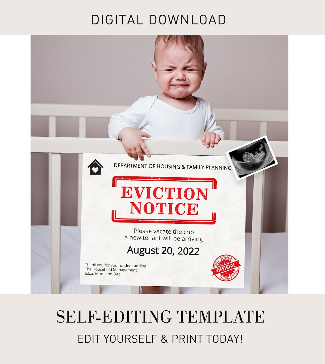 Editable Eviction Notice Baby Pregnancy Announcement for Sibling ...