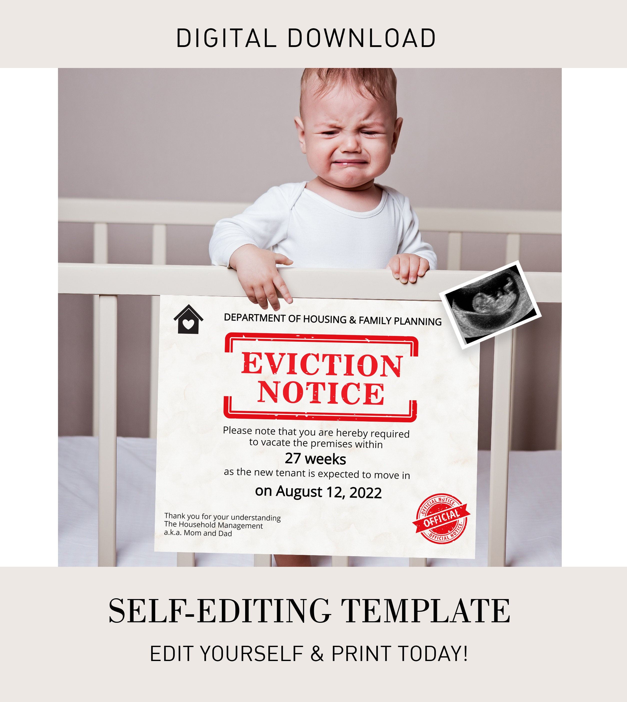 Editable Eviction Notice Baby Pregnancy Announcement for - Etsy