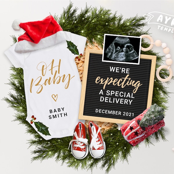 Christmas pregnancy announcement, Editable Digital Announcement for Social Media, We are Expecting a special delivery, December baby