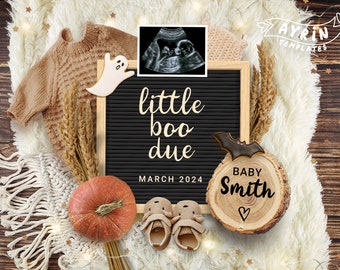 Halloween Pregnancy Announcement for Social Media, Little boo due, October Baby Announcement, Editable template
