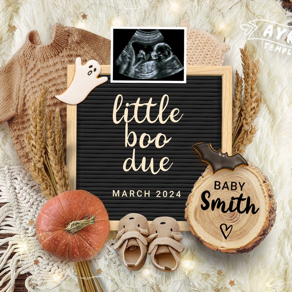 Halloween Pregnancy Announcement for Social Media, Little boo due, October Baby Announcement, Editable template