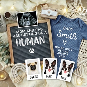 Zwangerschapsaankondiging hond voor sociale media, huisdier zwangerschapsaankondiging 1-4 honden, mama en papa krijgen een mens, babyjongen