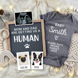 Dog Pregnancy Announcement for Social Media, Pet Pregnancy announcement 2 dogs, Mom & Dad are getting us a Human, Grey Boho Neutral