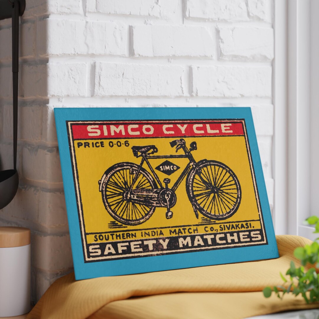 Vintage Bicycle Matchbox Art Glass Cutting Board | Retro Bike Kitchen ...